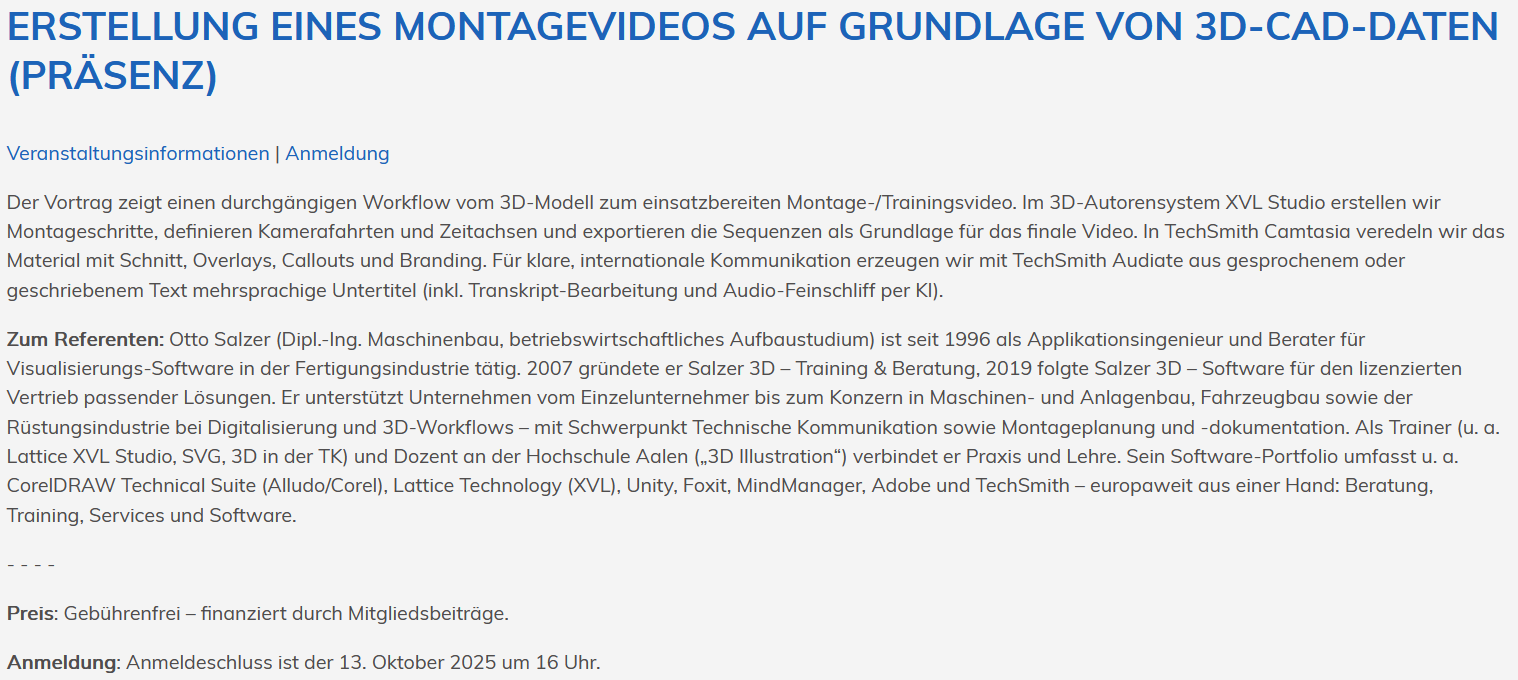 Vortrag tekm Regionalgruppe "Erstellung eines Montagevideos auf Grundlage von 3D-CAD-Daten"